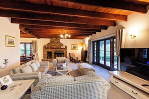 Smart TV, fireplace, DVD player, books