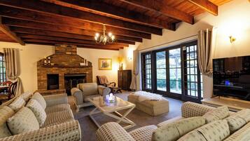 Smart TV, fireplace, DVD player, books