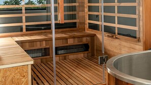 Un sauna avec des bancs en bois, une porte en verre et une vue sur les arbres.