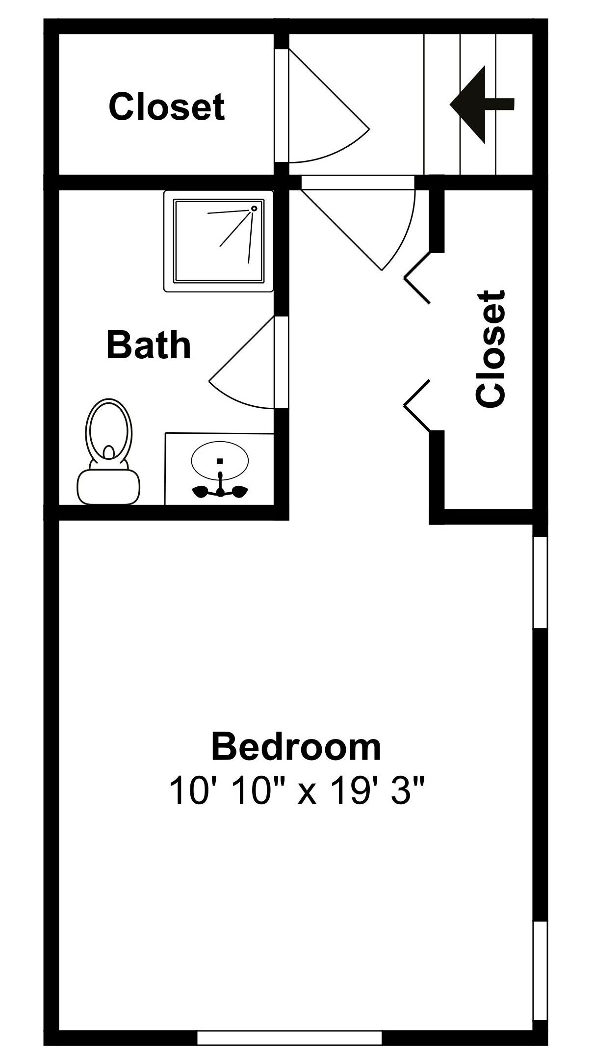 A bedroom measuring 10' 10" x 19' 3" with a closet and a bathroom.