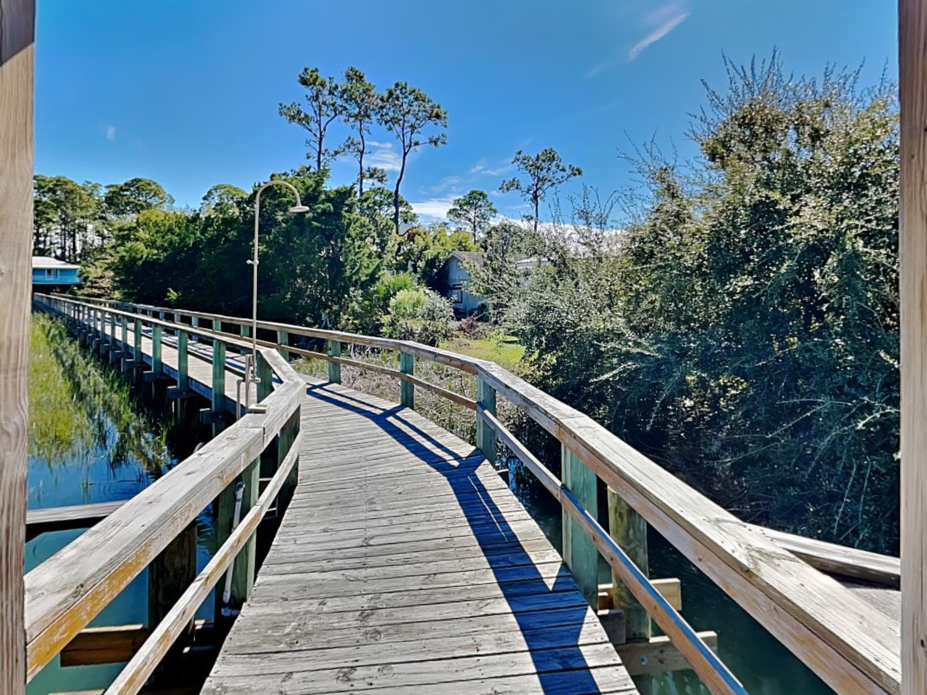 A wooden boardwalk leading to a dock over calm water, surrounded by dense greenery and trees.