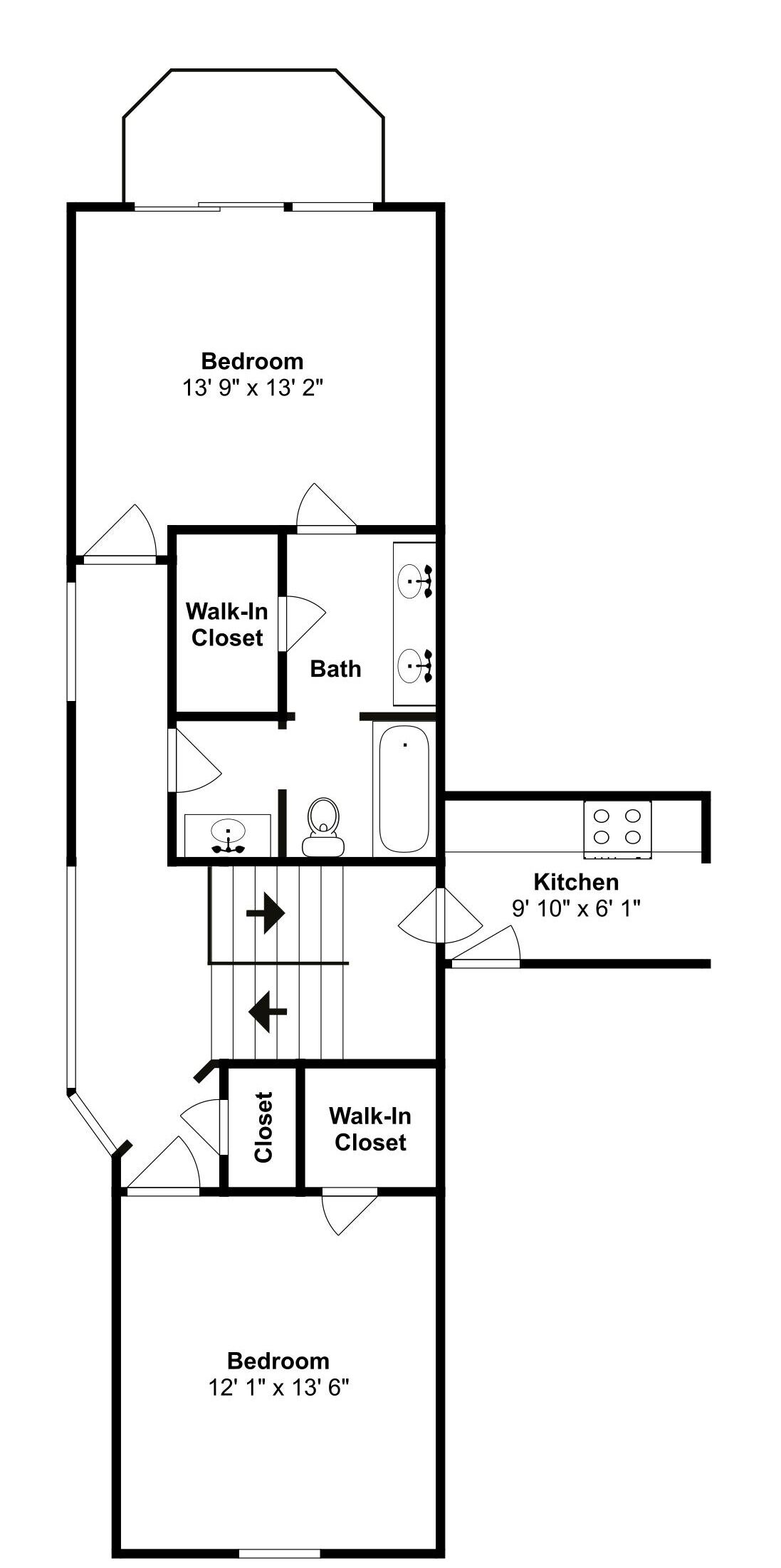 Plànol d'una casa amb dues habitacions, un vestidor, un bany i una cuina.