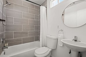 Hair dryer, towels, soap, toilet paper