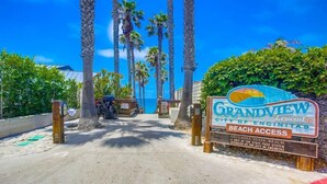 Panneau indiquant l’accès à la plage de Grandview City, à Encinitas, et précisant qu’il s’agit d’une zone faisant partie du réseau des parcs d’État.