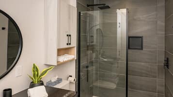 Shower, hair dryer, towels, toilet paper