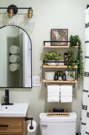 Hair dryer, towels, soap, shampoo