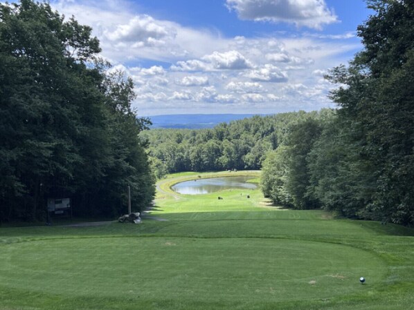 Campo de golf con un estanque, rodeado de árboles frondosos y un cielo despejado.