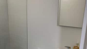 Shower, towels, soap, toilet paper