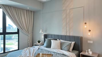 Blackout curtains, iron/ironing board, free WiFi, bed sheets