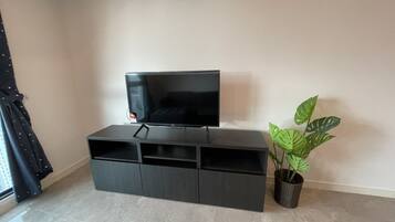 A black entertainment unit with a flat-screen TV, a potted plant, and a window with curtains.