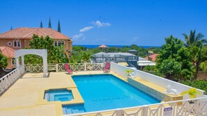 Piscina con vista al océano, rodeada por una valla blanca y palmeras.