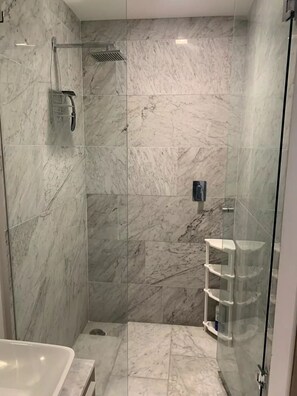 Hair dryer, towels, soap, toilet paper
