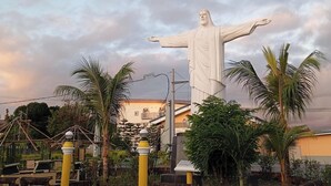A statue with outstretched arms in a landscaped area with palm trees and a building in the background.