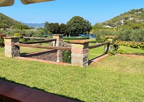 Un jardin bien entretenu, agrémenté d’une clôture en pierre, d’un espace piscine avec des parasols et offrant une vue sur un paysage vallonné.