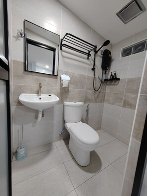 Shower, hair dryer, bidet, towels