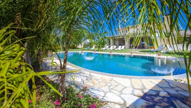 A swimming pool surrounded by stone tiles, with palm trees and pink flowers in the foreground. - Villa Reginella - Reginella Deluxe (Lecce)