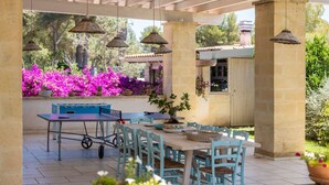 Eine Terrasse im Freien mit einem Tischtennisplatte, Stühlen und einem Blumentopf.