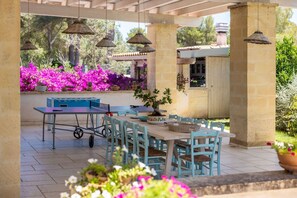 An outdoor patio with a ping pong table, chairs, and a potted plant.
