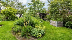 Ein Garten mit verschiedenen Pflanzen und einem hölzernen Blumenkasten.