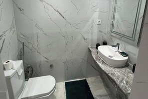 Shower, hair dryer, towels