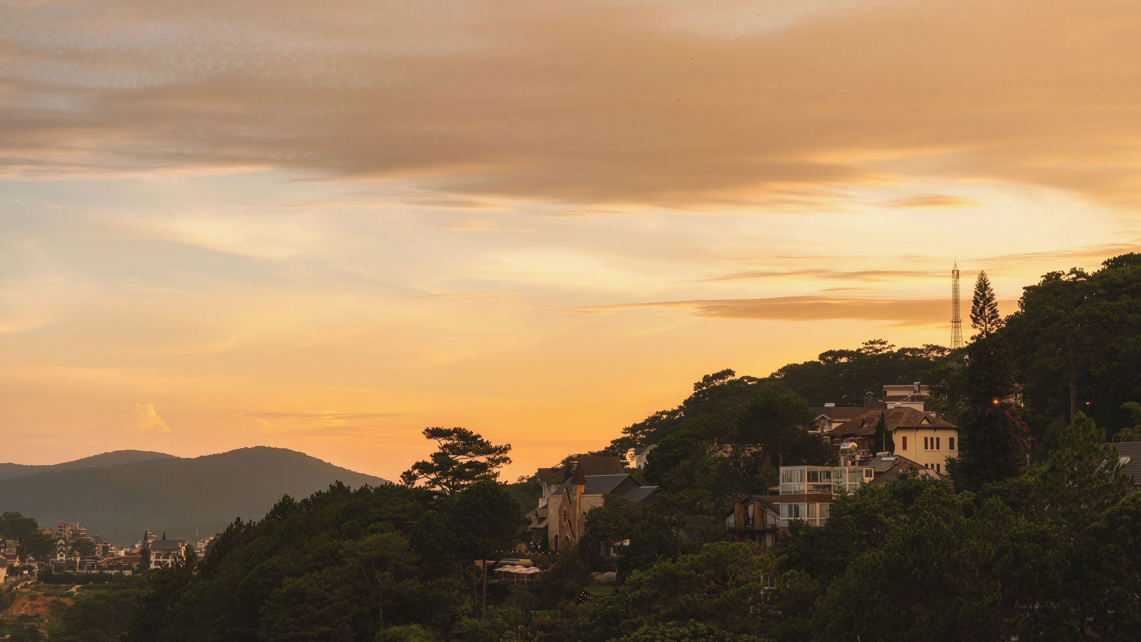 A residential area with houses, trees, and a distant mountain.