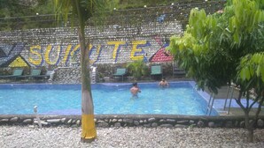 A swimming pool with a stone mosaic wall in the background and a palm tree in the foreground. - Sukute Valley Resort (Kadambas)