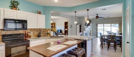 Fridge, microwave, dishwasher, coffee/tea maker