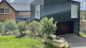 A modern house with a brick section and a dark metal extension, surrounded by lush greenery and a clear sky.