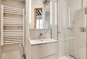 Shower, hair dryer, towels