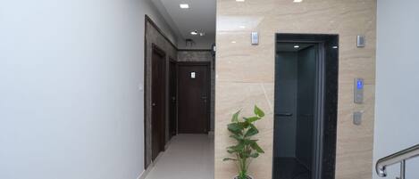 A hallway with a potted plant, a marble wall, and an elevator.
