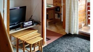 Ein Holzinnenraum mit Fernseher, Regalen und einem Vorhang.