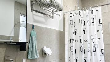 Shower, hair dryer, bidet, towels