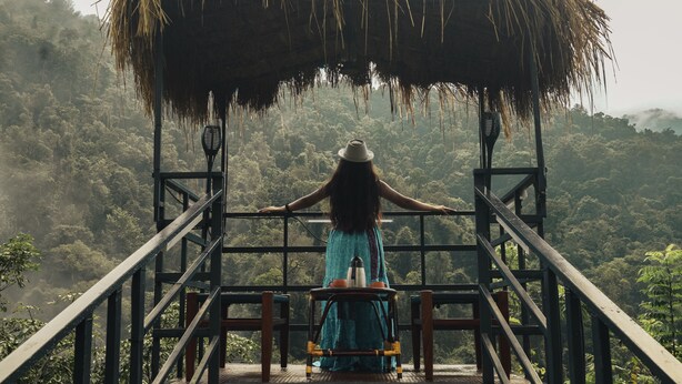 A woman standing on a wooden platform with a thatched roof, overlooking a forested landscape. - Holistic Stay Eco Resort (Talipparamba)