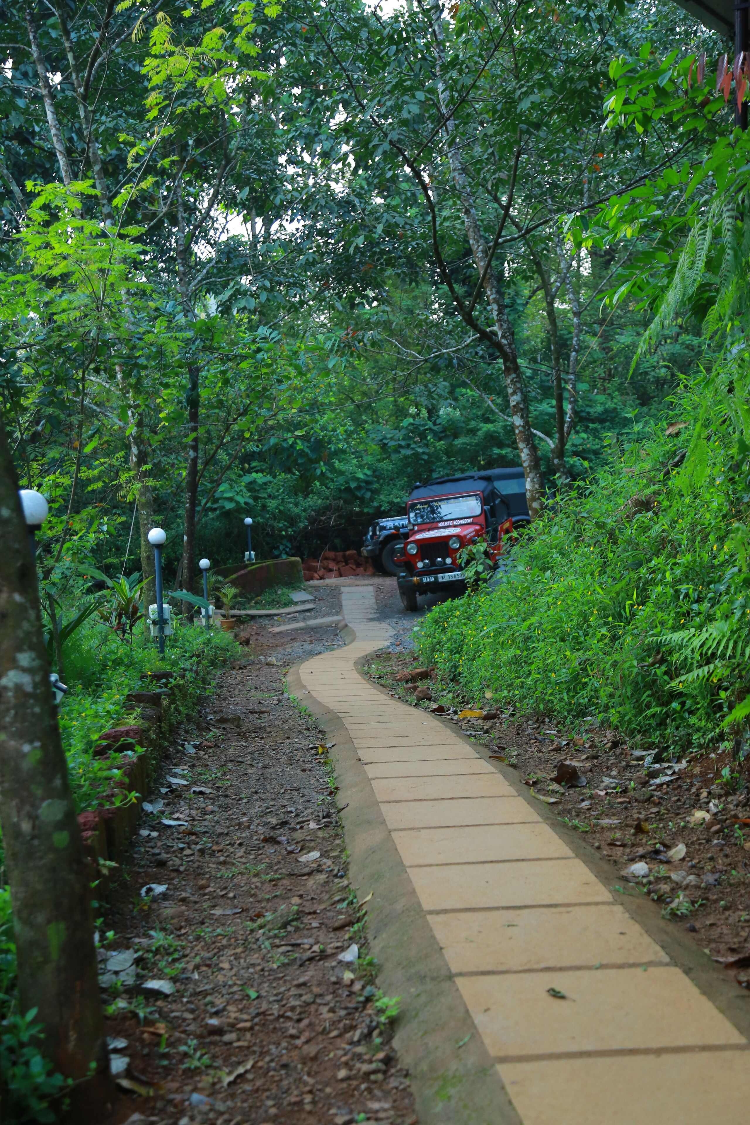A paved pathway in a forested area with a red vehicle parked on the side.