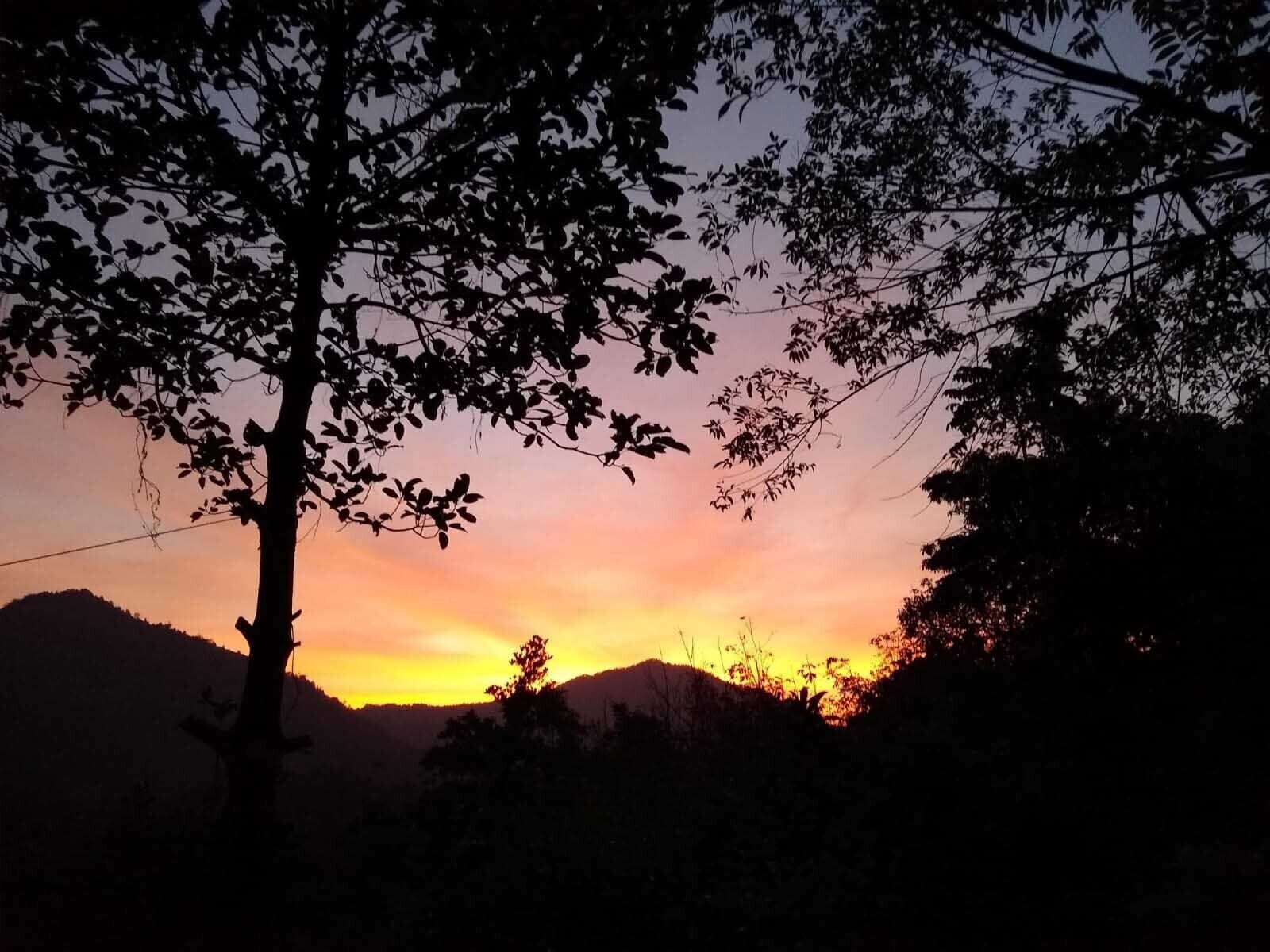 Un tramonto con le sagome di alberi e colline sullo sfondo.