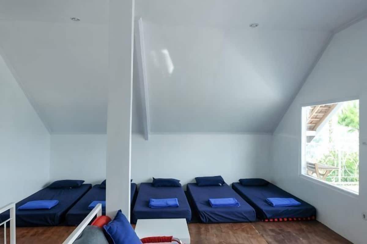 Ein Zimmer mit vier Einzelbetten, die in einer Reihe angeordnet sind, einem Fenster und einem Holzboden.