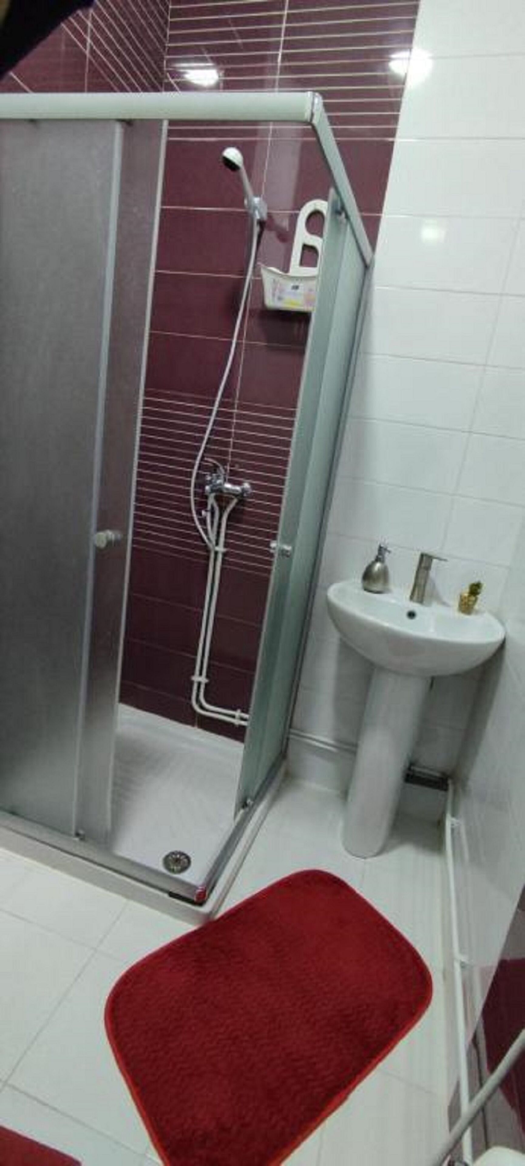 Un espace douche doté d’une porte en verre, d’un lavabo blanc avec un miroir et d’un tapis de bain rouge.