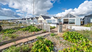 Een rij moderne strandhuizen met grote ramen, een tuin met planten en grindpaden, en een helderblauwe lucht.