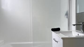 Combined shower/tub, free toiletries, hair dryer, towels