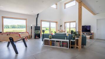 Smart TV, fireplace, video games, DVD player