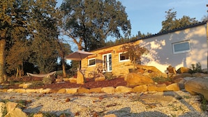 A stone house with a door, windows, and a small tree in the yard. - La Casita a haven of peace to escape and relax, close to cities and beaches. (Lugo Galicia)