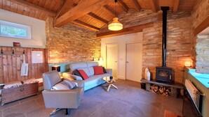 A cozy living room with a stone wall, a wooden ceiling, a sofa, and a fireplace. - La Casita a haven of peace to escape and relax, close to cities and beaches. (Lugo Galicia)