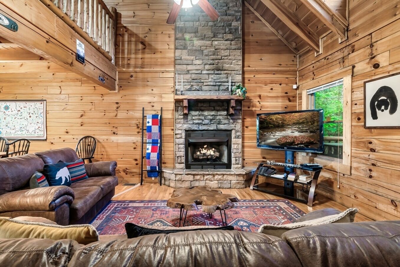 Smart TV, fireplace, foosball