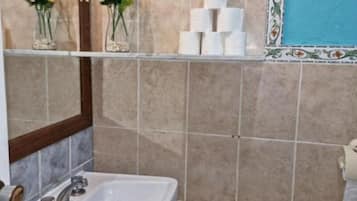 Douche, serviettes fournies, savon, shampoing