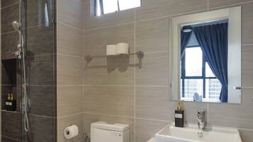 Shower, hair dryer, bidet, towels
