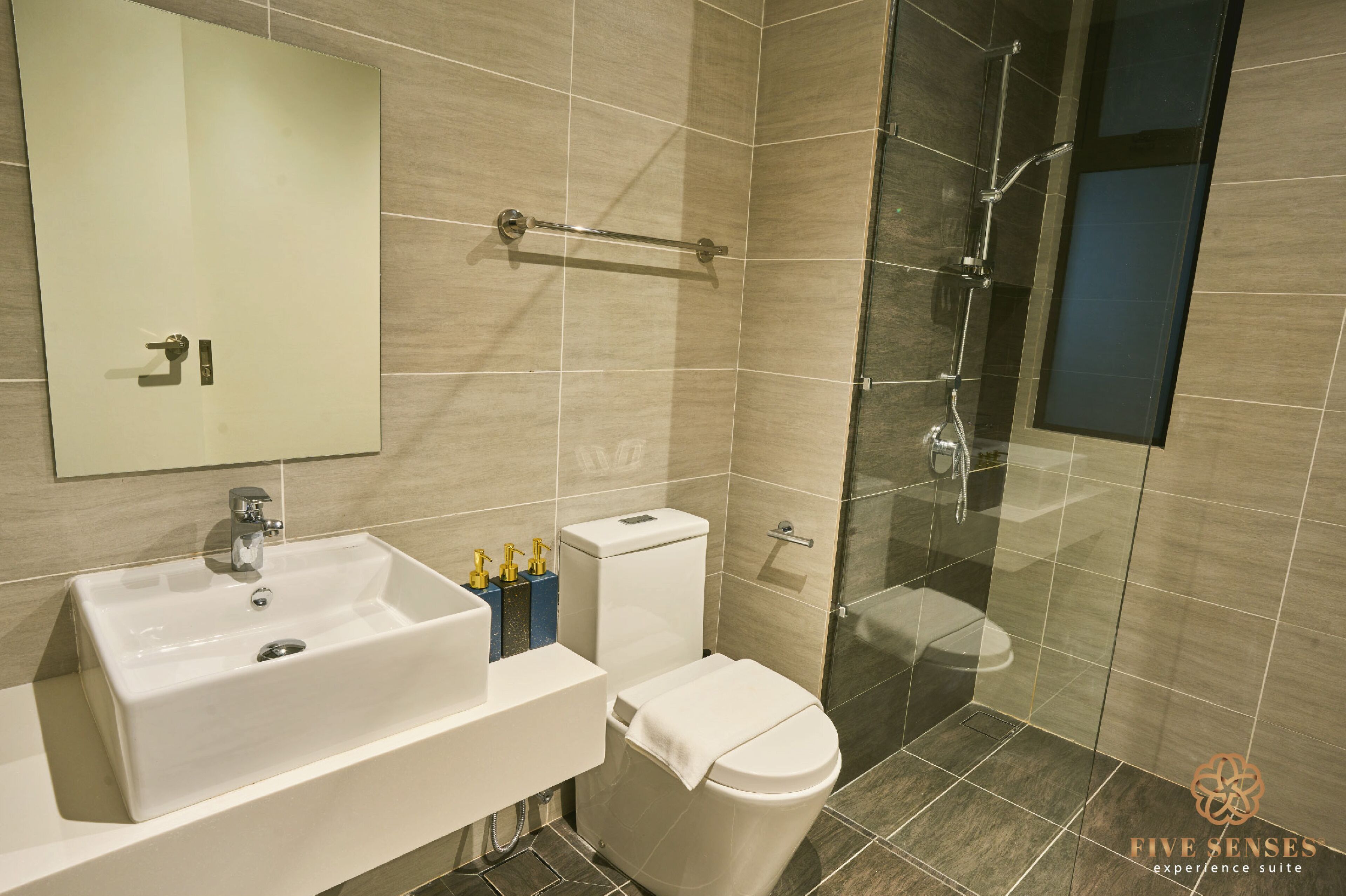 A modern bathroom with a sink, toilet, and glass shower enclosure.