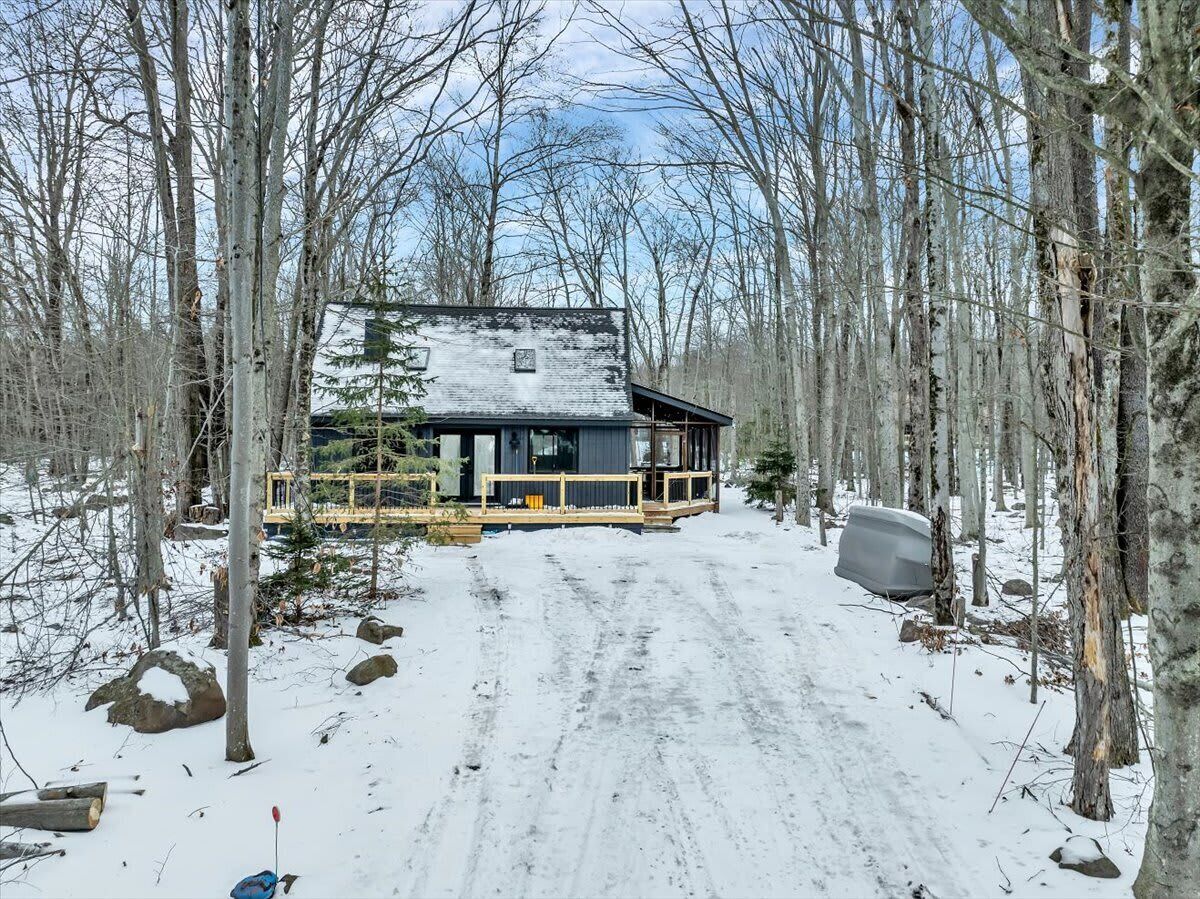 Une cabane dotée d’une terrasse, entourée d’arbres et de neige.