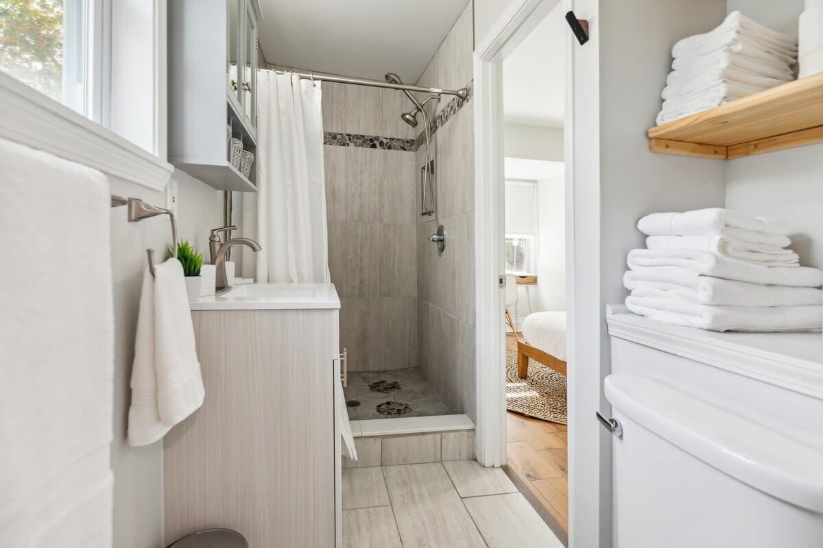 Shower, hair dryer, towels