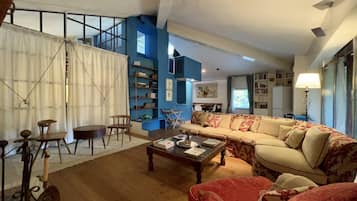 TV connectée, cheminée, livres