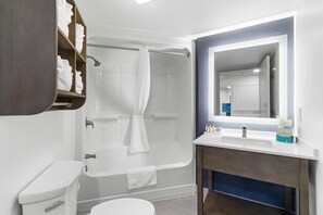 Bathroom features a walk-in shower, toilet, and sink area with a mirror and toiletries.